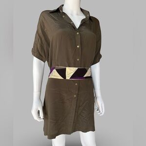 Vintage boho olive green silk shirt dress w/ sash belt and brass snaps Sz Large